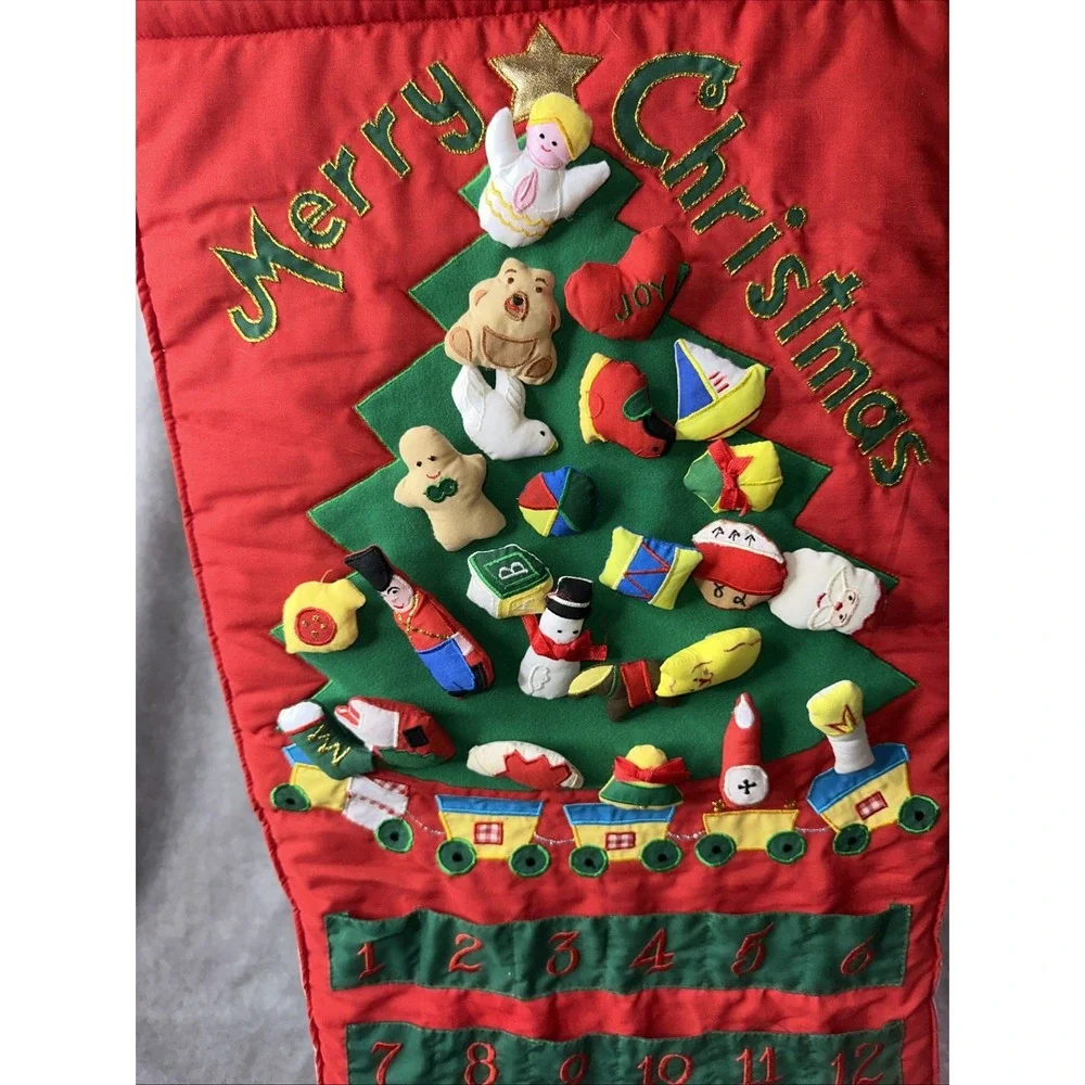 Vintage Countdown to Christmas Advent Calendar Fabric Plush Hook Loop Hanging